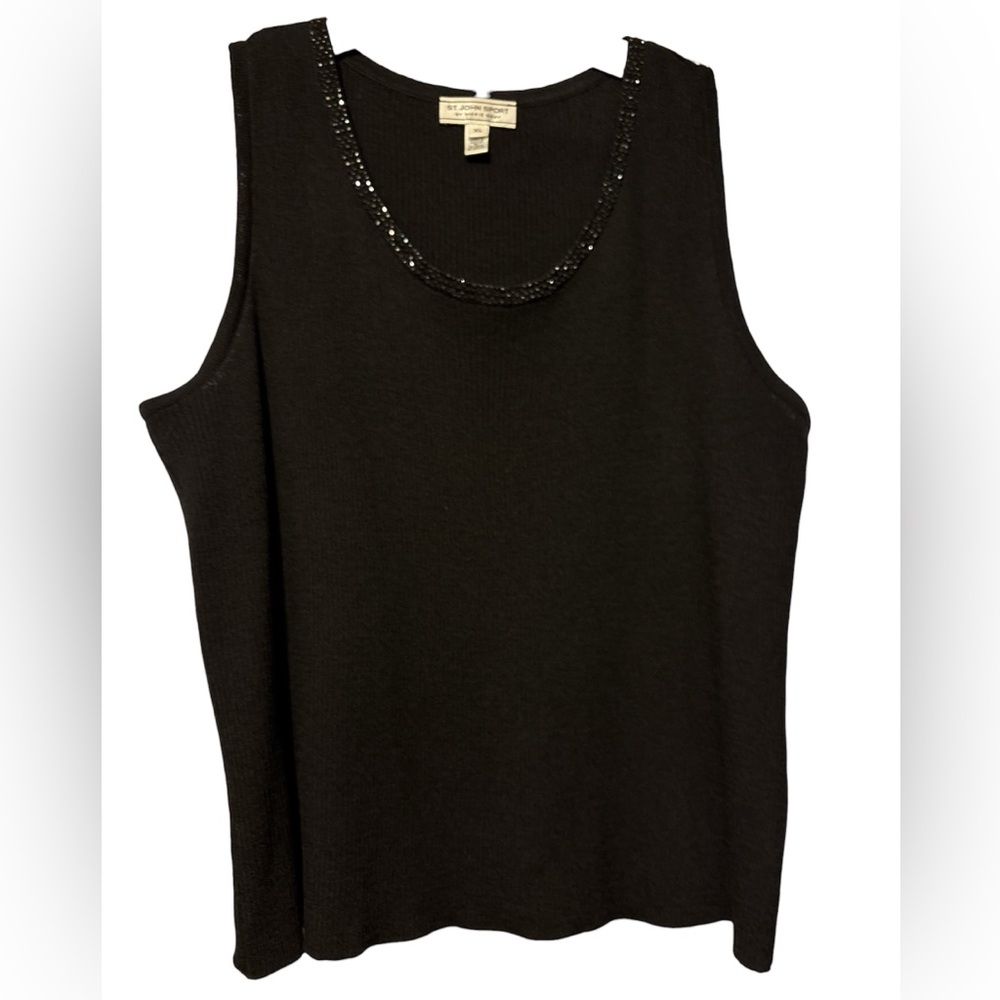 St. John Sport Marie Gray Black Rhinestones Trim Ribbed Tank Top XL